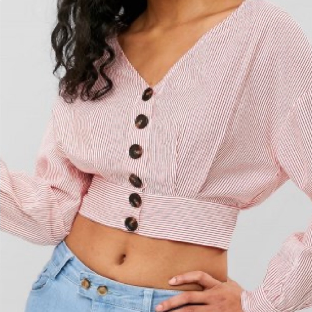 ZAFUL Large Button Fly Short Striped Blouse